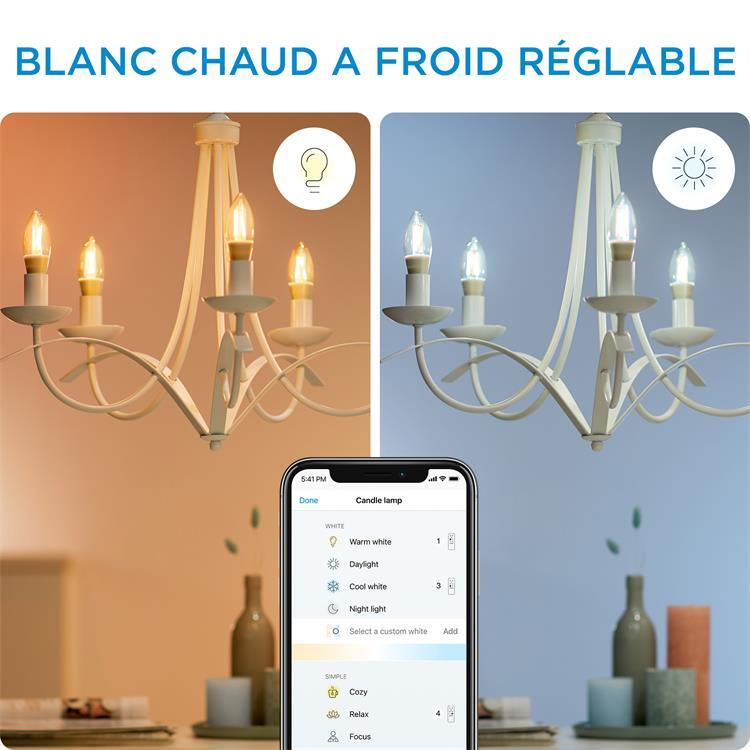 FLAMME Ampoule LED connectée filament E14 4 9W 25W 370lm dimmable blanc chaud blanc froid Ø3 5cm